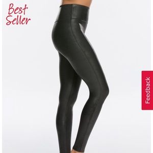 Spanx Faux Leather Leggings. Rich cranberry color.